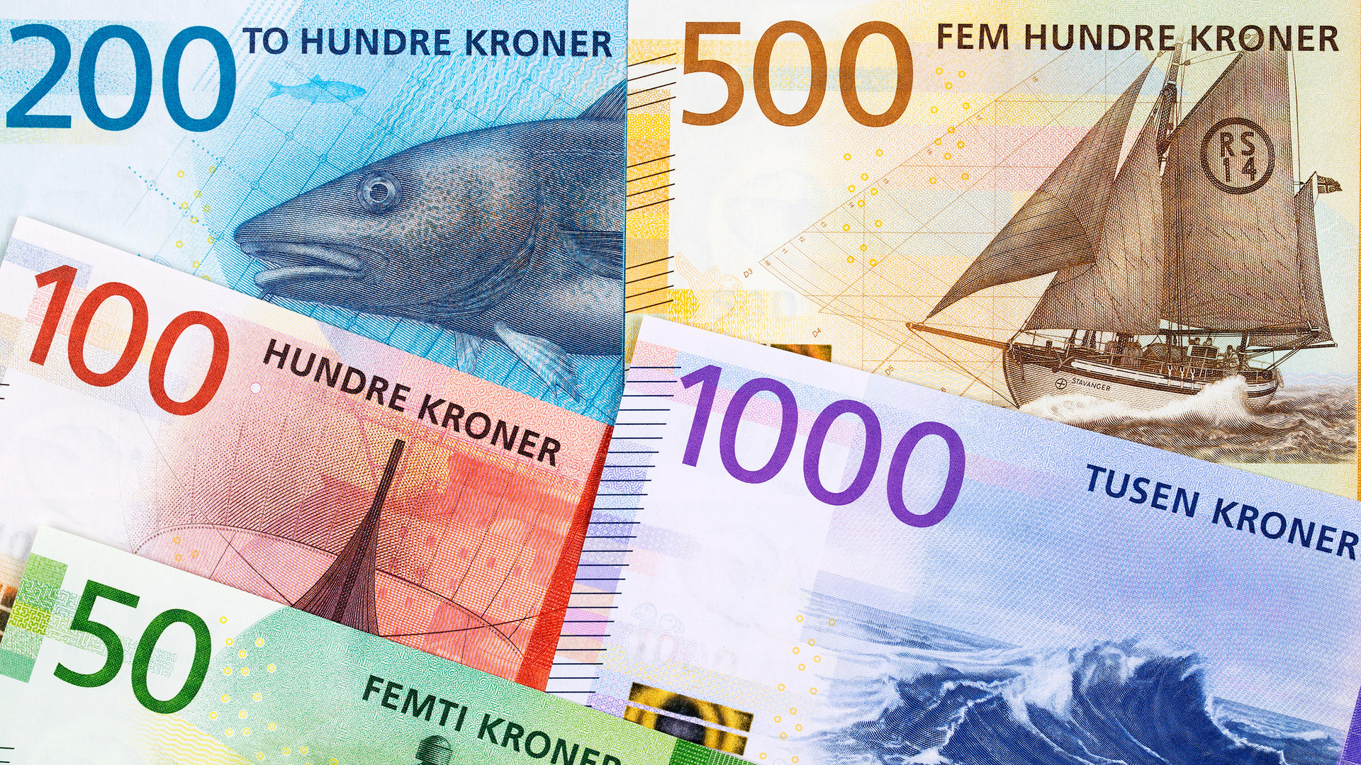 Bilde av norske pengesedler, 100, 200, 500 og 1000 kroner lappene